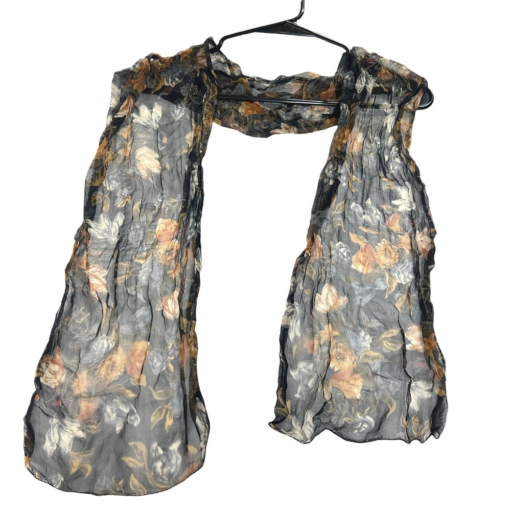 Sheer Floral Scarf Black Brown Indie Grunge Boho Lightweight Vintage‎ Wrap